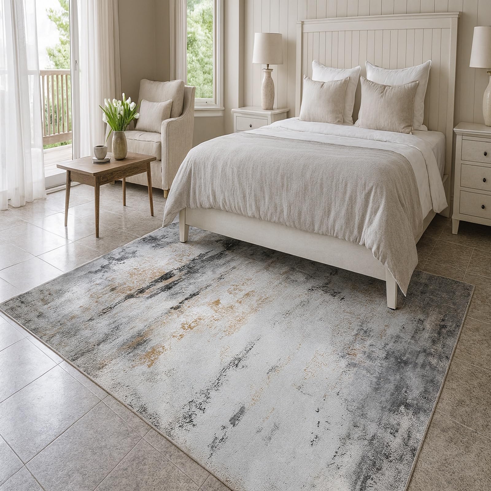Tapis de décoration moderne abstract blanc gris noir jaune 110 x 180 cm chambre et salon