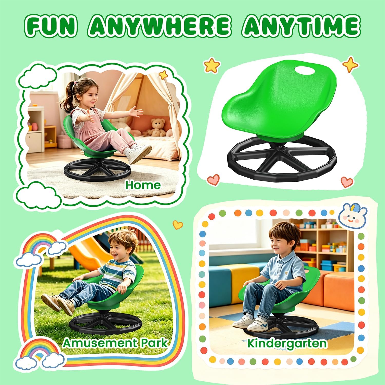 Sensory Kids Spinning Chair,360° Swivel,Non-Slip Base Supports 220 lbs,Green | Ergonomic Backrest,Develops Balance & Coordination,Sturdy Frame,Sensory Toy,Suitable for Autistic Kids