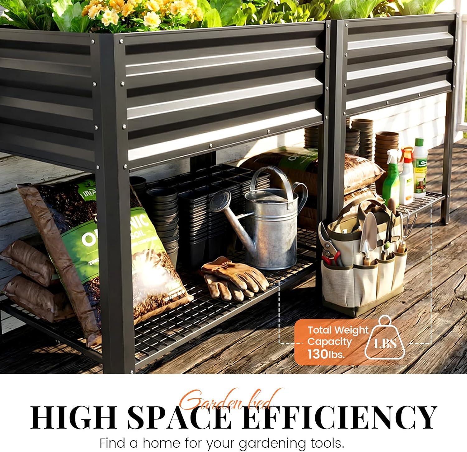 KING BIRD Large Raised Garden Bed with Legs & Storage Shelf Galvanized Elevated Planter Box for Backyard, Patio, Balcony, 600lb Capacity, Dark Grey 70.9x22.8x31.5 in