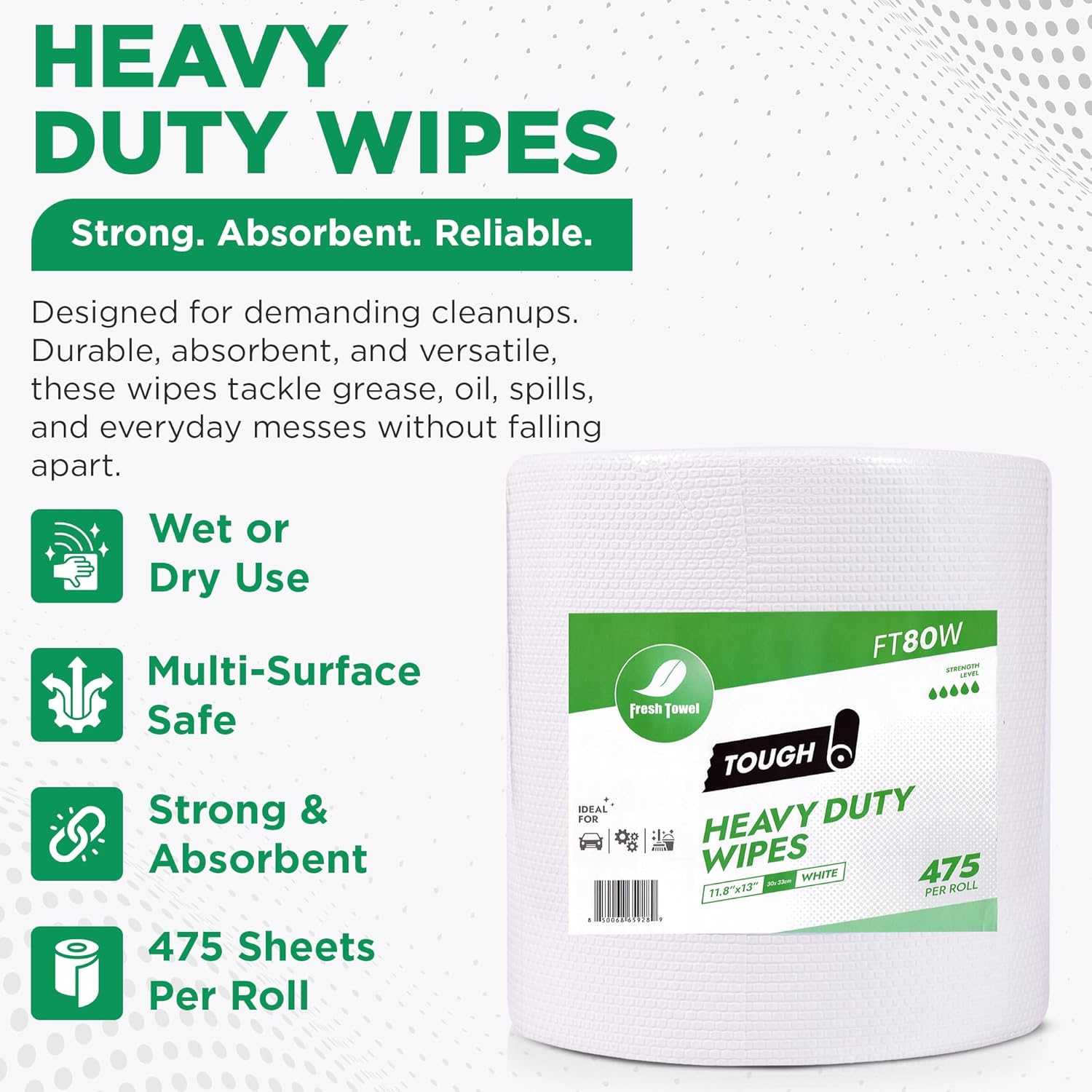 Fresh Towel FT80W Heavy Duty Wipes, White, 11.8" x 13" Inch Durable Multipurpose Cleaning Wipes for Household, Kitchen, Garage & Industrial Use (1 Roll of 475 Sheets)