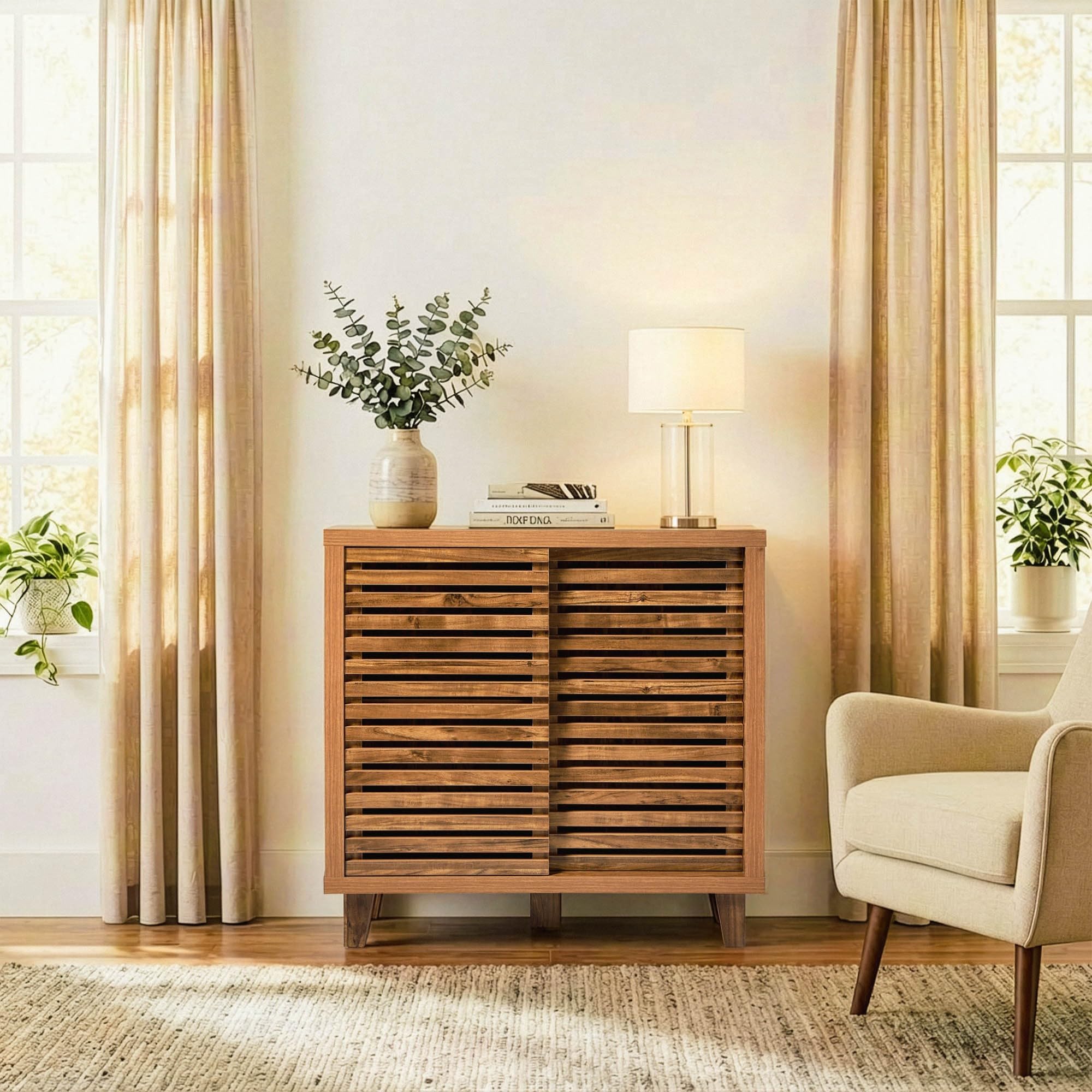 Calicosy Aparador Liam 2 puertas correderas con hojas caladas, decoración de madera | Mueble de almacenamiento, para sala de estar, dormitorio, entrada, 80 x 29 x 88,5 cm