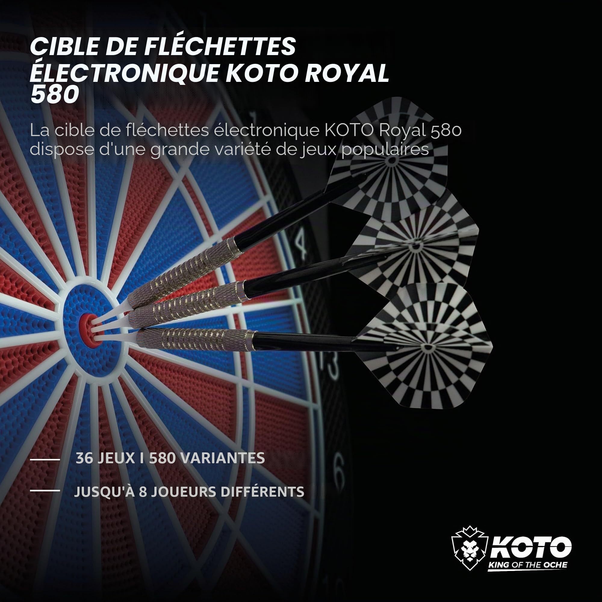 KOTO - Jeu de Flechette Electronique Royal 580, Cible Flechette Electronique, Jeu de Fléchettes avec 6 Fléchettes Pointe Plastique, 36 Jeux, Plus de 580 Variantes, pour 1 à 8 Joueurs