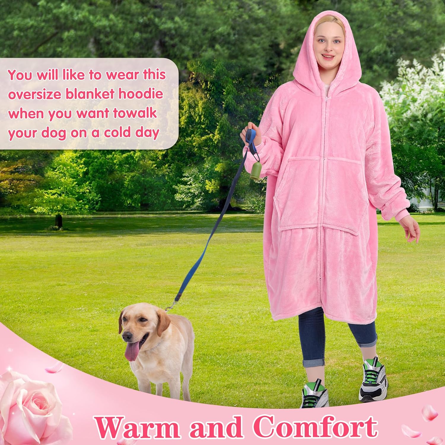 Waitu Wearable Blanket Hoodie with Zipper Gifts for Women Men, Warm and Cozy Oversized Hoodie Blanket Birthday Gifts for Women Mom, Thick Flannel Blanket with Giant Pocket - Bright Pink - Image 6