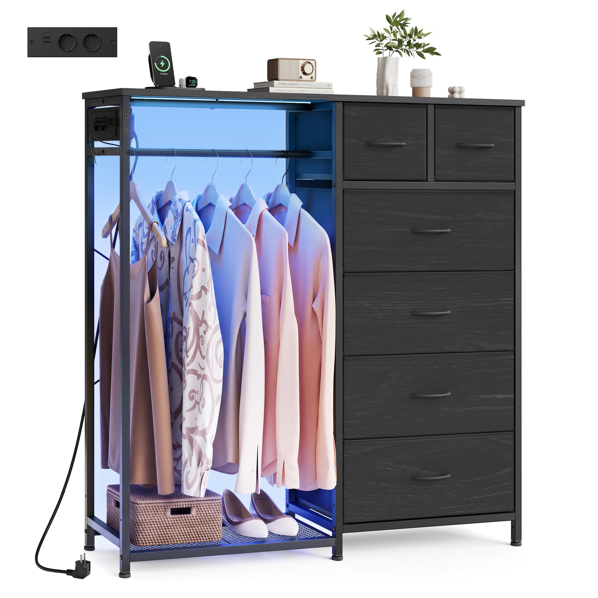 SONGMICS Stand Appendiabiti con Cassettiera, 6 Cassetti in Tessuto | Armadio Aperto, Barra, Ripiano Inferiore, 102,7 x 35 x 117,6 cm, Nero Ebano, Collezione BELLAH LGS523B202