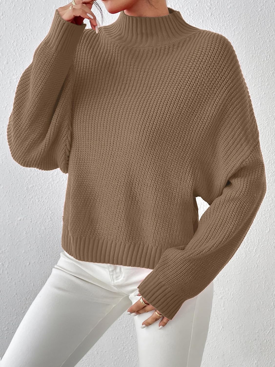 SunnyMelody Womens Cropped Turtleneck Sweater Fall Winter Spring 2025 Trendy Cute Mock Turtle Neck Cozy Soft Ribbed Knit Lightweight Long Sleeve Crop Knitted Pullover Sweaters Jumper Khaki XS - Image 5