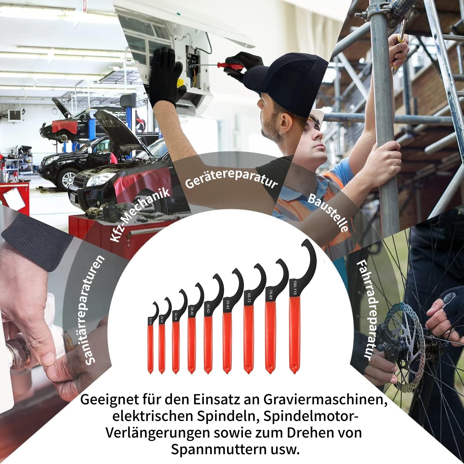 9-Teiliges Hakenschlüssel, SchlüSsel Werkzeug Satz Stoß Spanner Haken-Schraubenschlüssel, C-Form Schraubenschlüssel für Fahrwerksystem