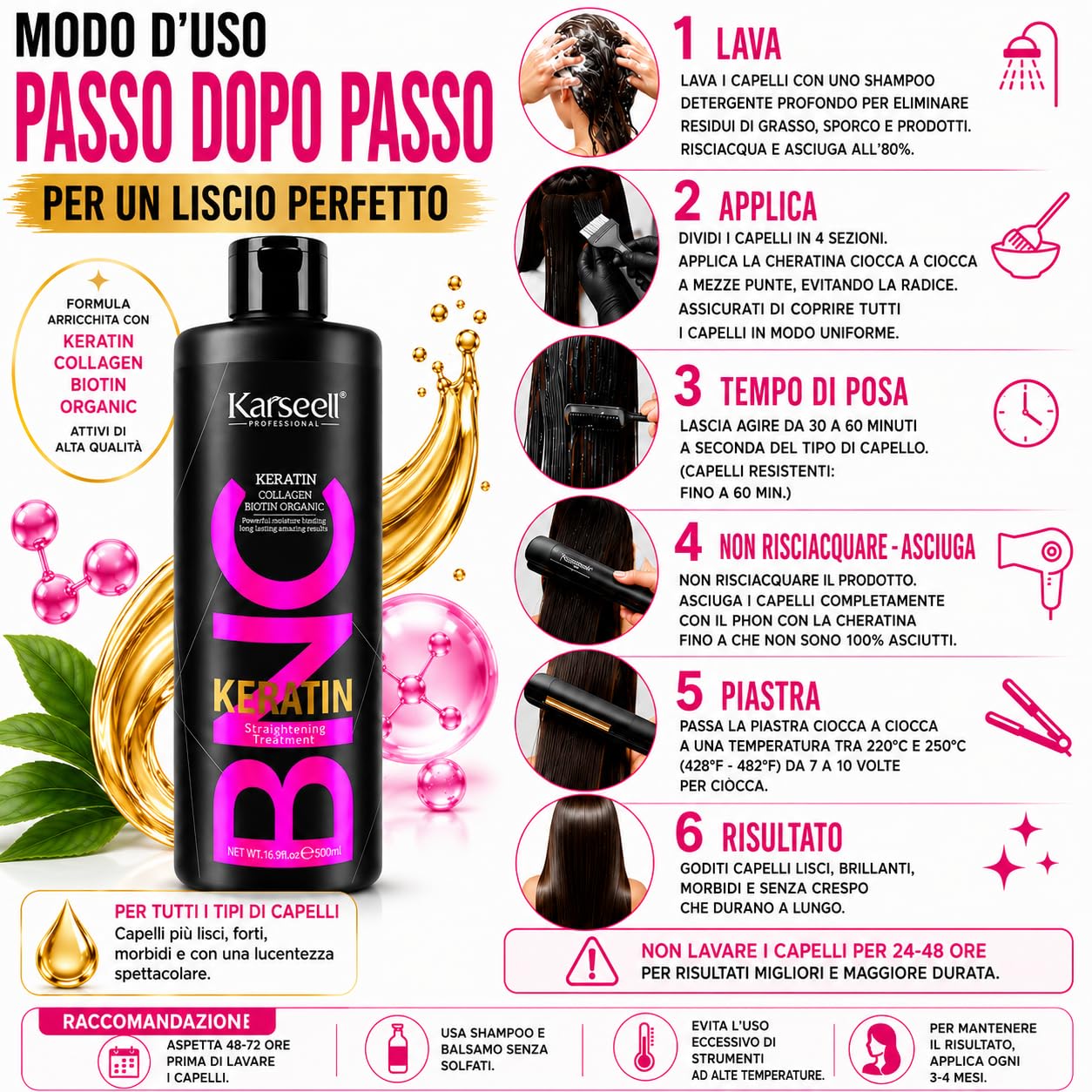Karseell MACA CARE SYSTEM Cheratina Lisciante Senza Formaldeide Trattamento Brasiliano Professionale 20 Settimane Collagene Biotina Olio di Argan Idratazione Anticrespo Capelli Secchi Danneggiati