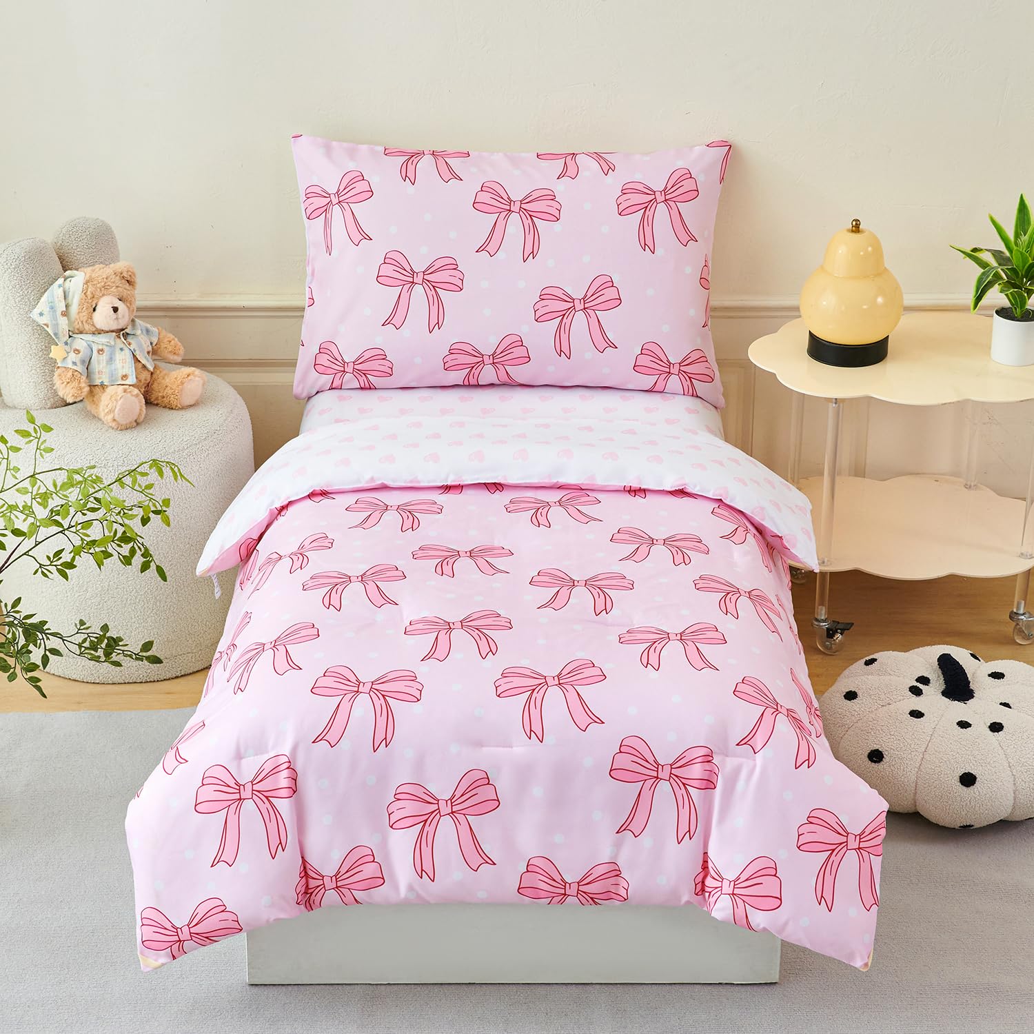 PERFEMET Pink Toddler Bed Comforter Set for Girls 4 Pieces Reversible Bow Bedding Sets for Toddlers Soft Breathable Baby Girl Bed Set for All Seasons(Bow, Toddler)
