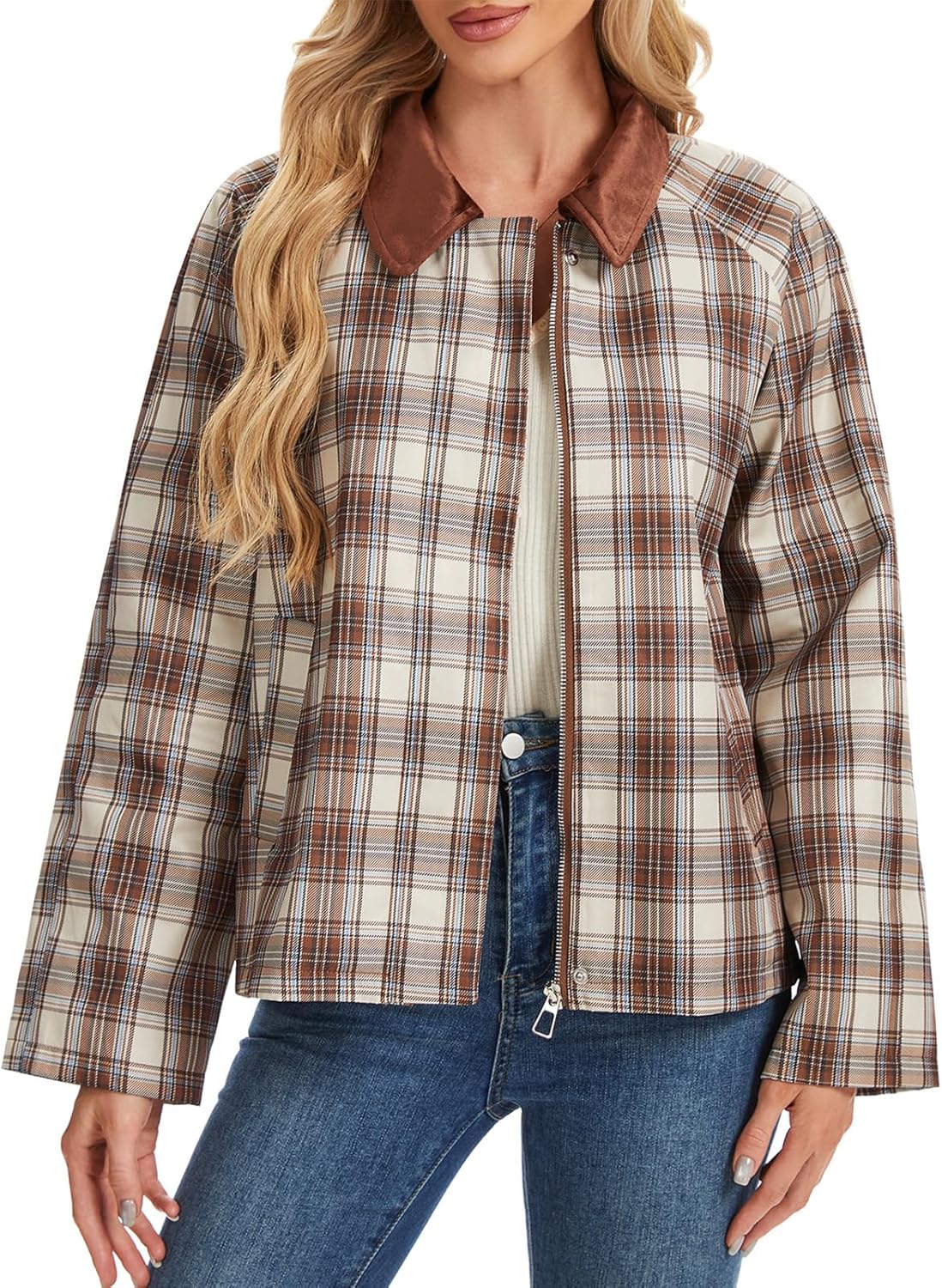 KEOMUD Fall Jackets Casual Plaid Barn Jackets for Women Lightweight Trendy Outwear with Contrast Suede Collar