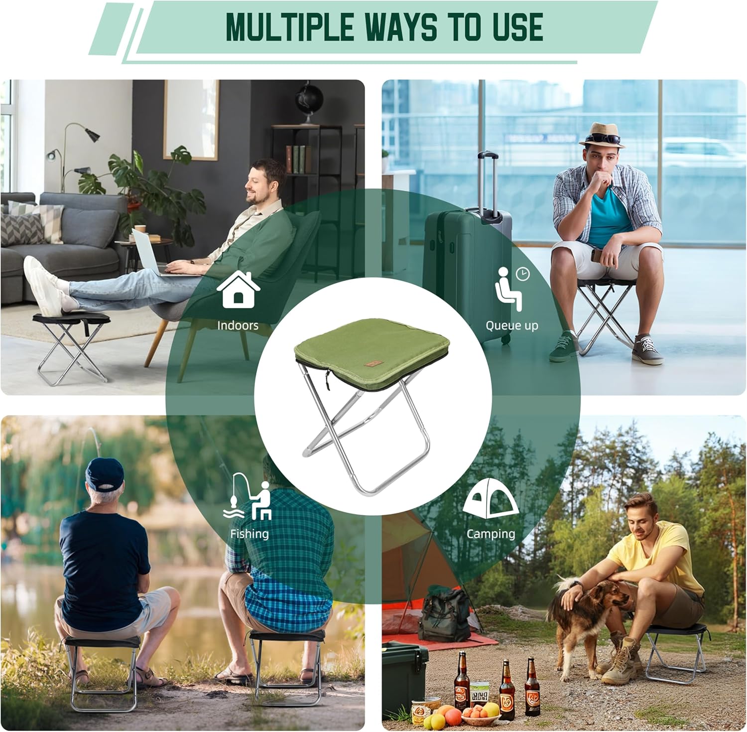 13 Inch Portable Chair for Adults, Collapsible Purse Chair for Fishing Hiking Gardening, Lightweight Travel Purse Stool (Green)