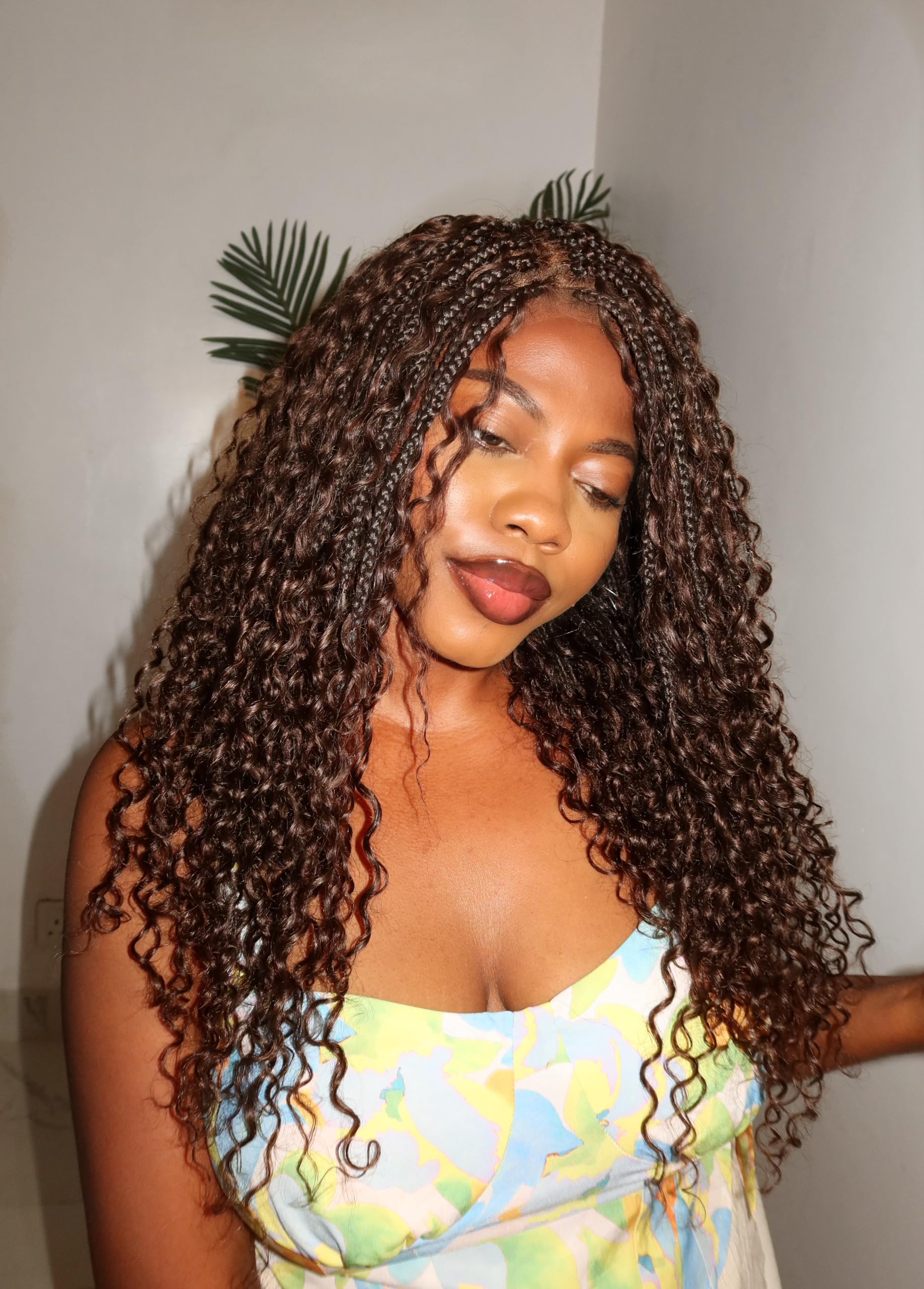 JALIZA Glueless Water Wave Human Hair Curls Pre Bleached Swiss HD Full Lace Knotless Boho Box Braided Wig Miracle Braids Style with Drawstring Cap (Dark brown 1