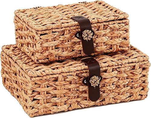 Divtada Set of 2 Water Hyacinth Wicker Storage Baskets with Lid