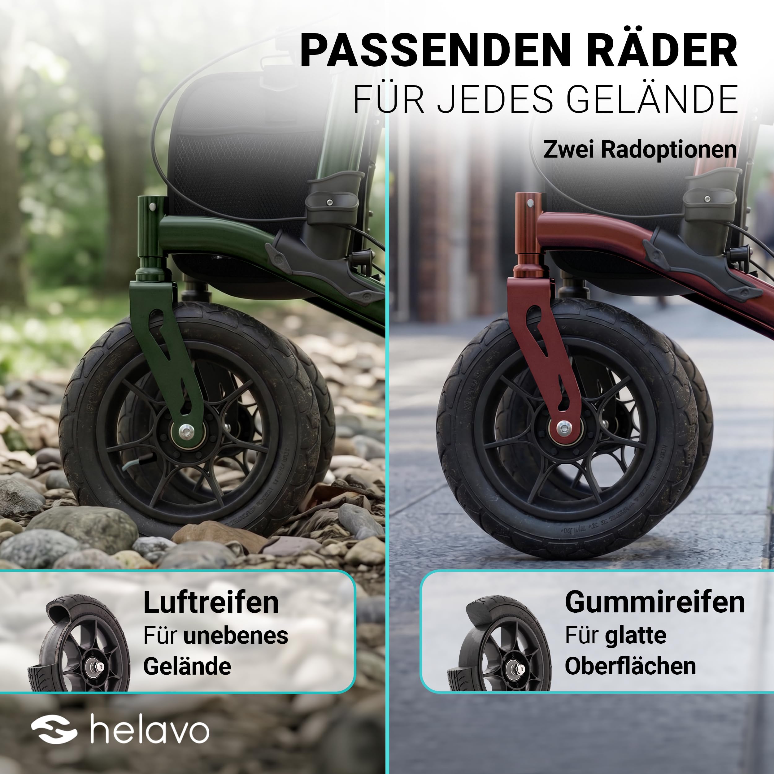 Helavo Outdoor-Rollator mit Luftbereifung - Faltbarer Rollator mit Sitz & Lehne für Draußen - Komfortable & stoßdämpfende 12"/10" große Räder - Gehhilfe für Waldwege, Gras & Strand | 12" Luftreifen für maximalen Komfort - Mit Sitz & Rückenlehne - Nur 9,5