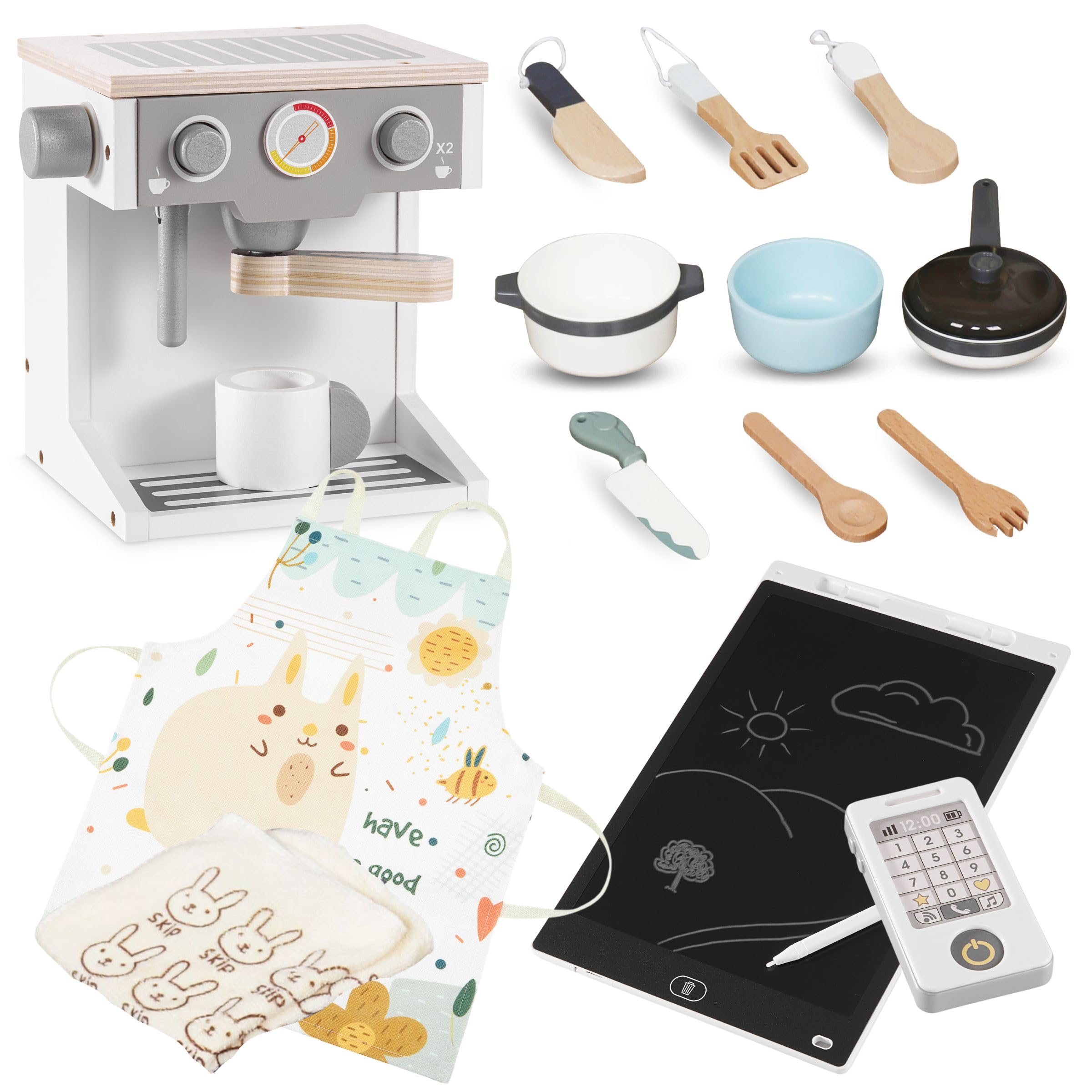 Mamabrum Cucina in Legno per Bambini 3+, Set XXXL con Luci LED, Caffettiera, Pentole, Frutta e Verdura | 50 Pezzi di Accessori Giocattolo