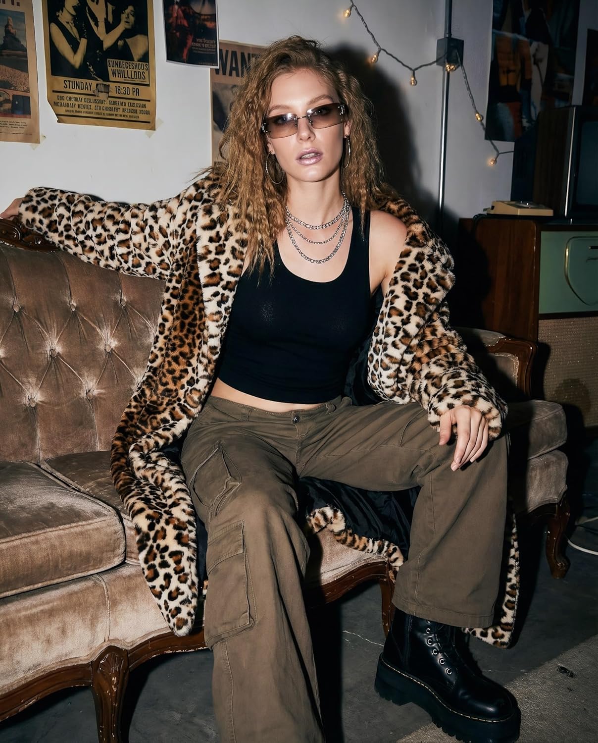 DJBM Women's Sexy Elegant Vintage Leopard Print Lapel Faux Fur Long Maxi Coat Jacket - Image 8