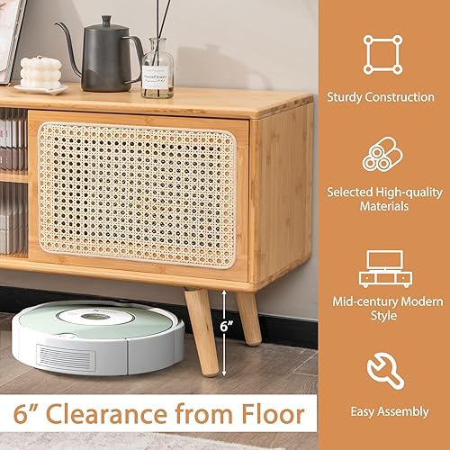 Miniatura 7 de Tangkula Soporte de TV moderno de mediados de siglo para televisores de hasta 55 pulgadas centro de entretenimiento de bambú con puertas corredizas