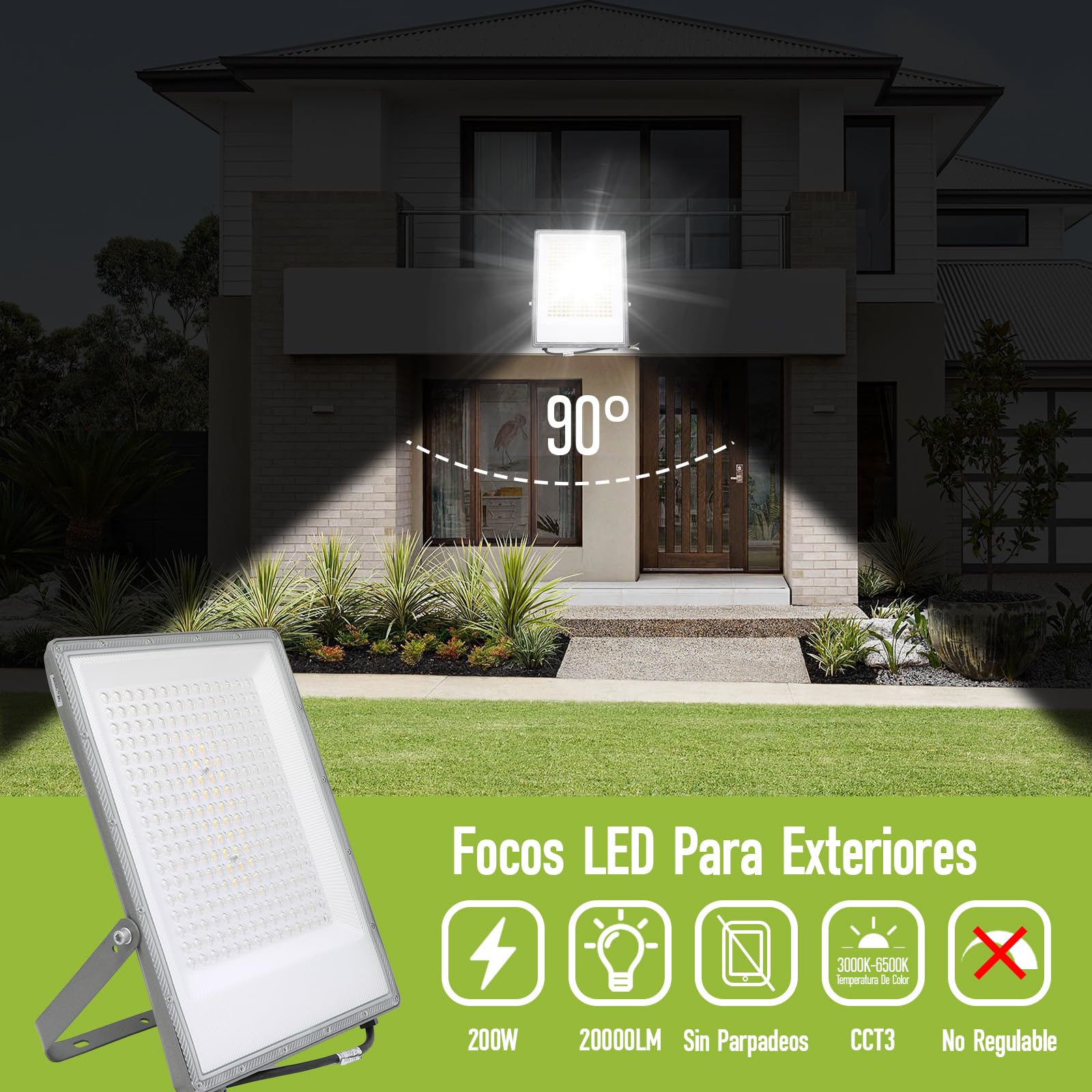 1x Focos LED Exterior 200W 20000 Lúmen Floodlight 3000K/4000K/6500K IP65 Impermeable Foco Proyector Led Exterior Iluminación para Casa Garaje Patio Terraza Jardín Cancha Fachada