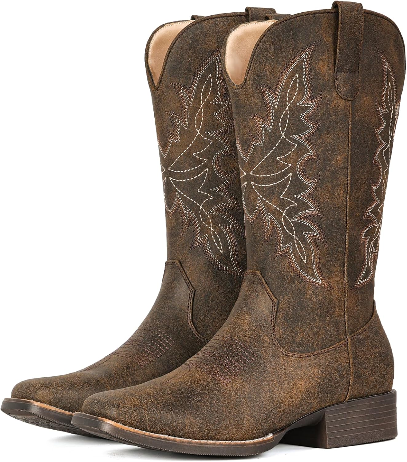 IUV Cowboy Boots for Women Square Toe Western Cowgirl Boots Mid Calf Durable Classic Fashionable Embroidered Pull On Boot