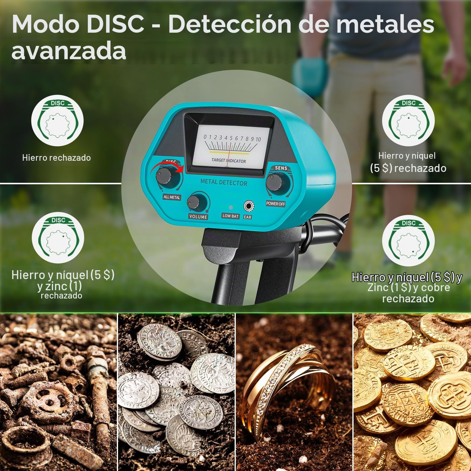 Detectores de Metales Alta Precisión Altura Ajustable, Detectores de Metales Profesionales a Prueba de Agua de 25 cm con Niños y Adultos, Batería Recargable