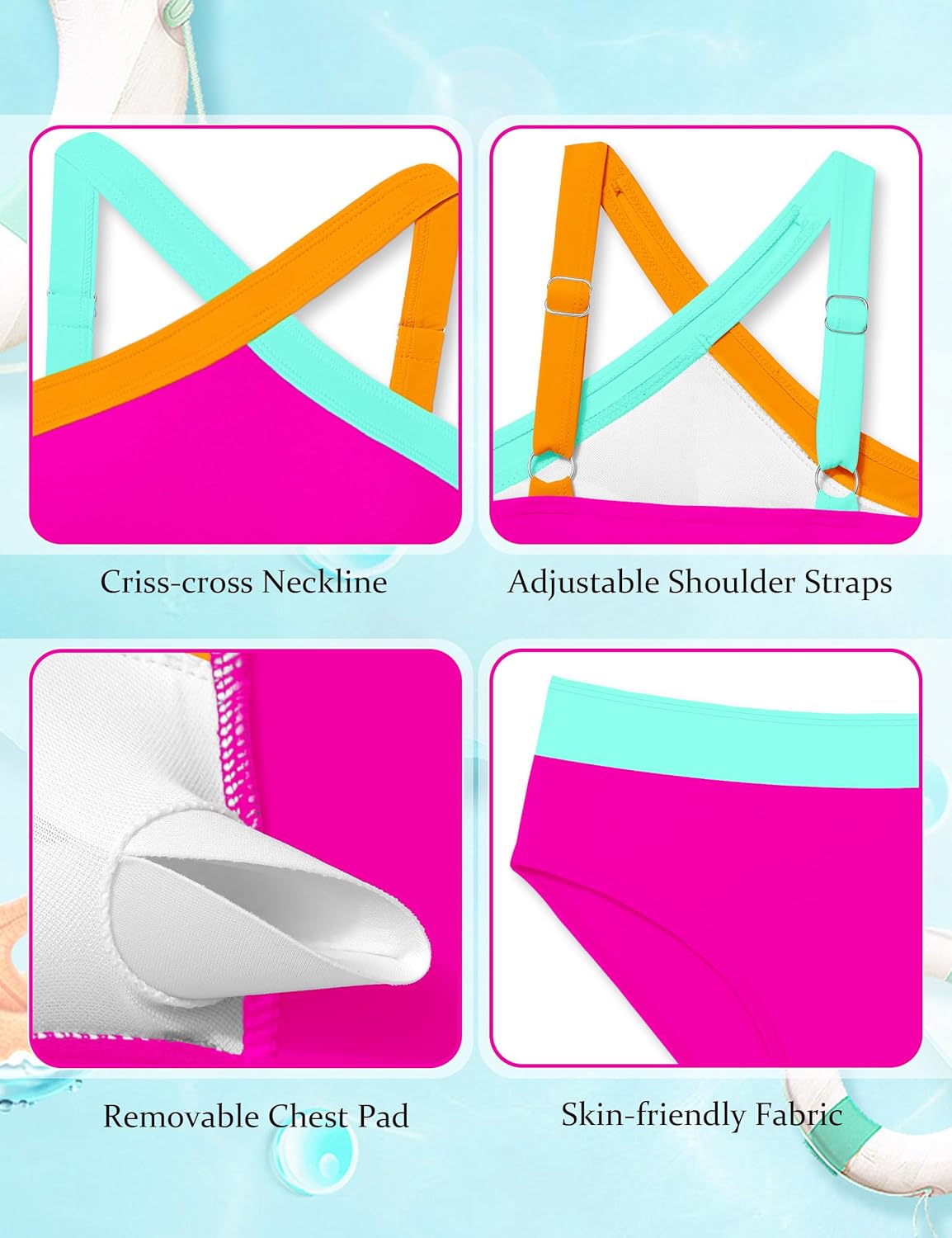 Girls Swimsuits 2 Piece Bikinis Set Colorblock Bathing Suits Criss Cross Strap Girls' Swimwear - Image 5