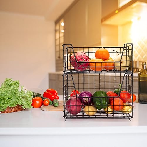Miniatura 2 de TIEYIPIN Cesta de almacenamiento de alambre de metal de 2 niveles, apilable, para frutas, verduras, alimentos, gabinete, organizador de despensa,