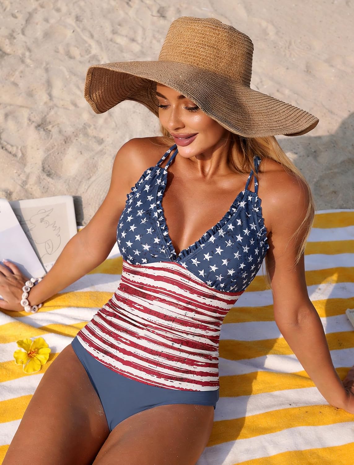 ZAFUL Womens Tankini Swimsuits Smocked 2 Piece Bathing Suits Modest Tie Back Swimwear thumbnail