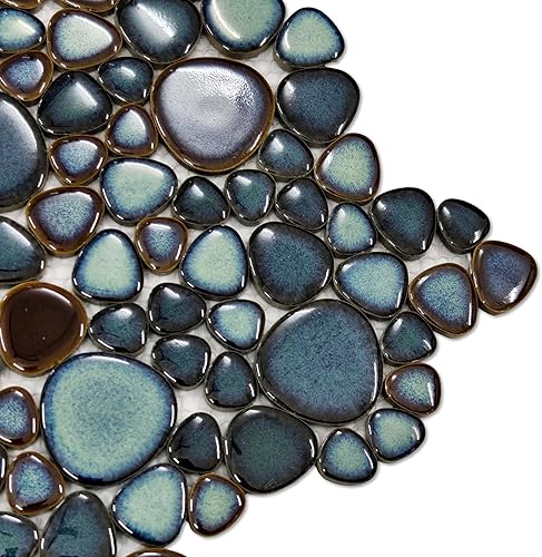 Miniatura 5 de Hominter Azulejo entrelazado de guijarros de porcelana azul turquesa azul aguamarina montado en malla de 12 x 12 pulgadas, azulejos de cerámica