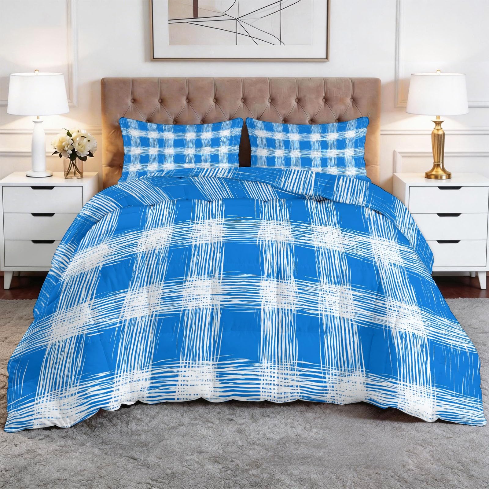 Couette 220x240 cm 4 saisons avec 2 taies bleu géométrique lit double revers