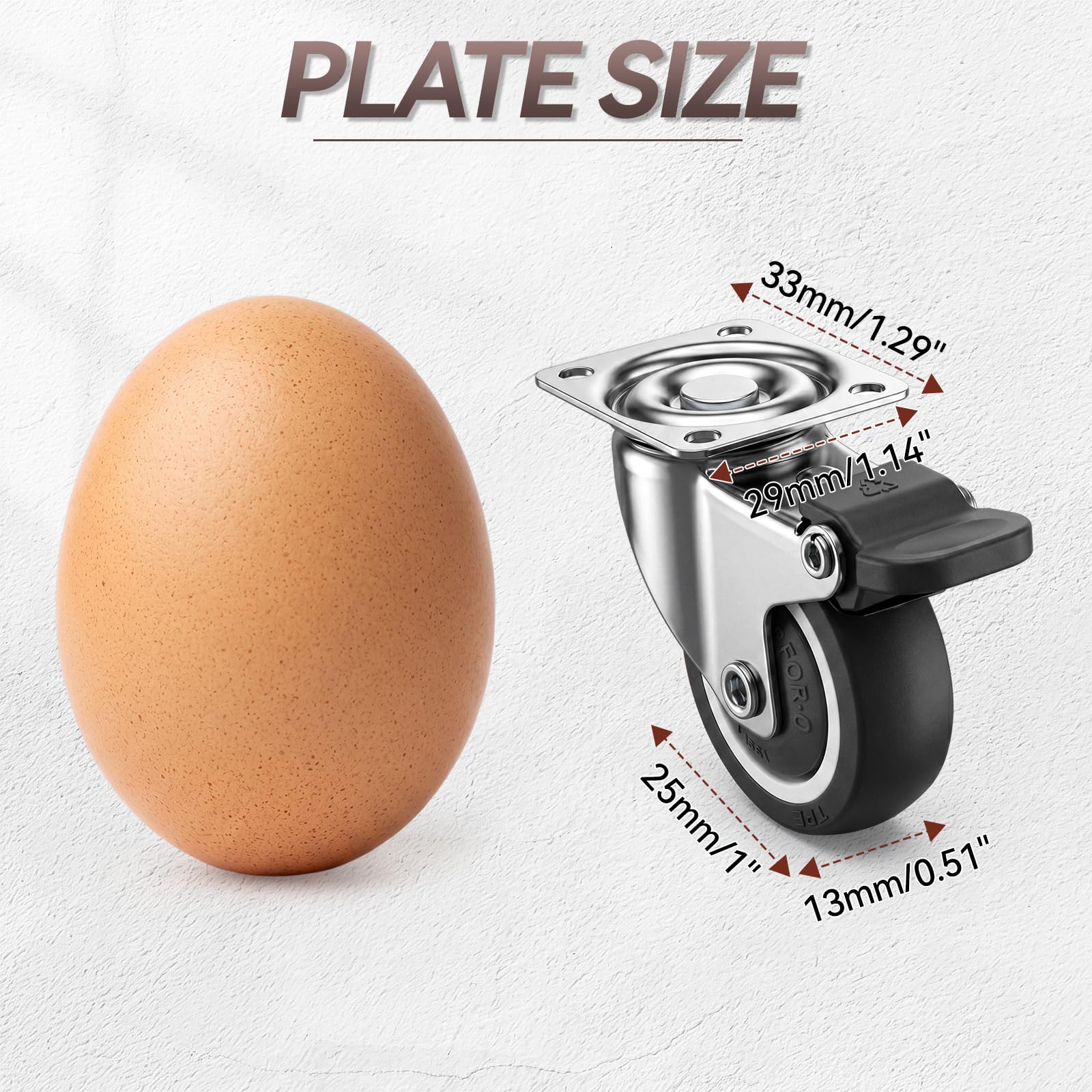 12 ruedas giratorias de perfil bajo de 1 pulgada con frenos, capacidad de 100 lb, pequeñas, de goma suave, silenciosas, con giro de 360 grados. Juego de 4 ruedas para carros de muebles. Incluye 50 t