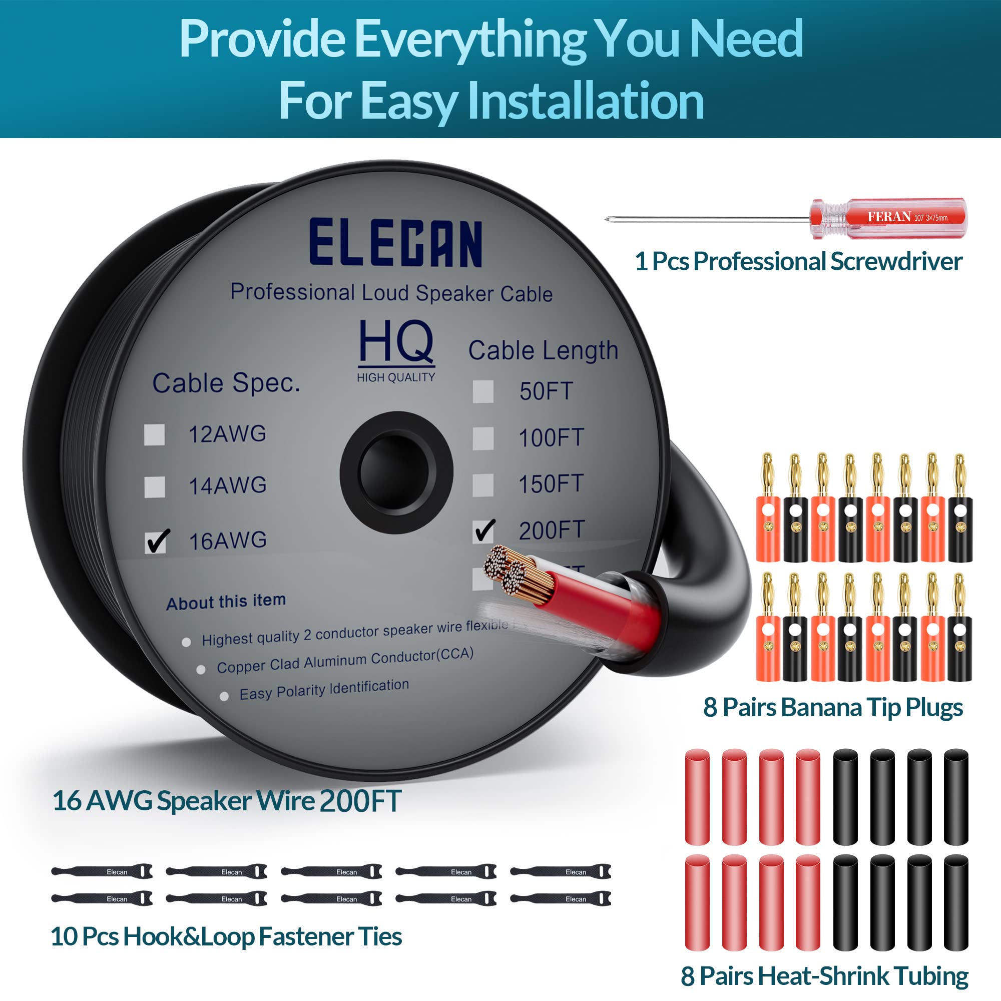 Elecan Lautsprecherkabel für den Außenbereich, 16/2 AWG, mit Werkzeugsets, direkte Beerdigung in der Wand, CL3, CL2, bewertet, Folie und Baumwolle, für Heimkino und Auto-Lautsprecher ers-black