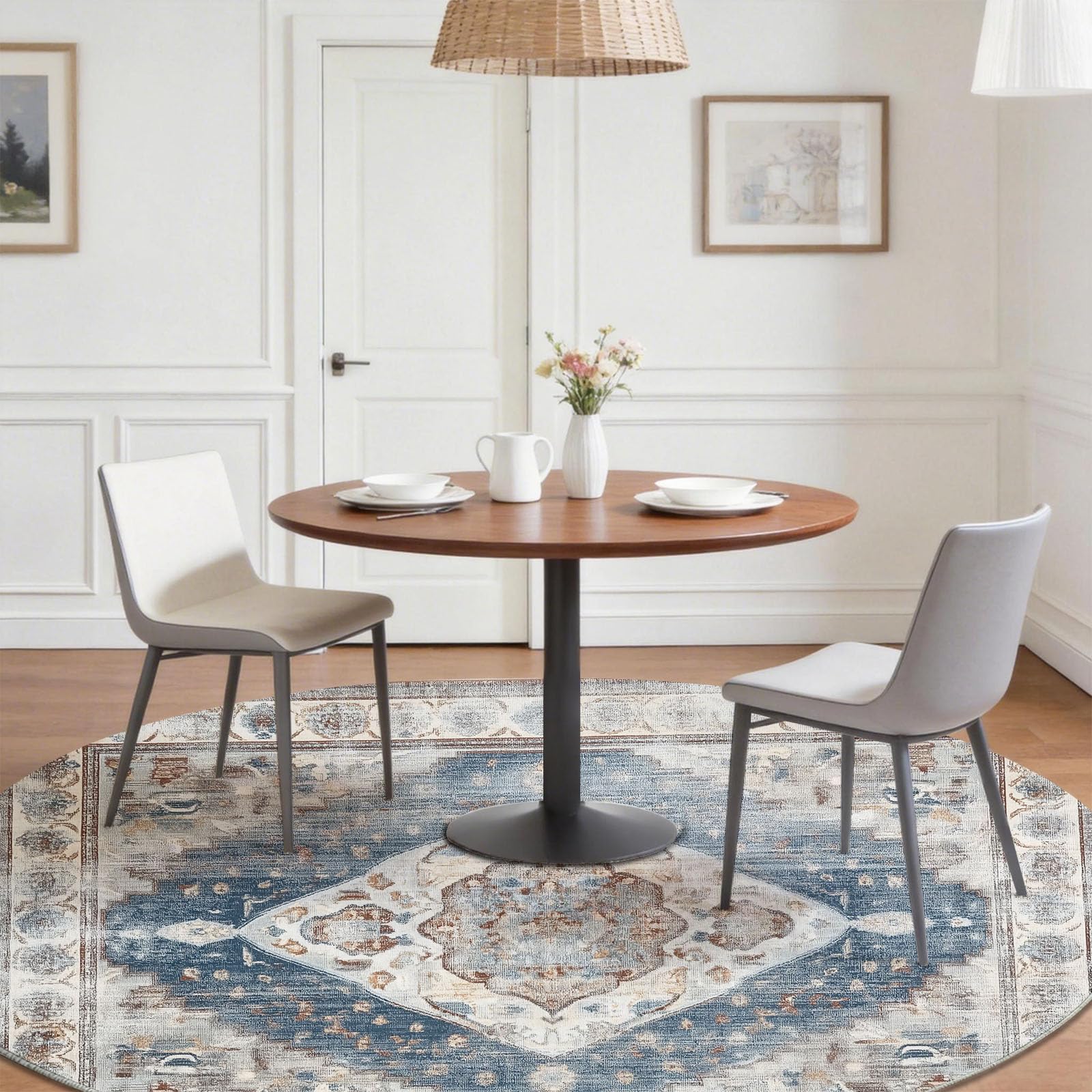 Lavable Tapis 100 cm Rond Intérieur Usé Abstrait Fleurs pour Salon, Chambre ou Couloir - Doux et Antidérapant - Traditionnel Boho Facile à Nettoyer Poil Ras Tapis pour Salle de séjour, Multicolore
