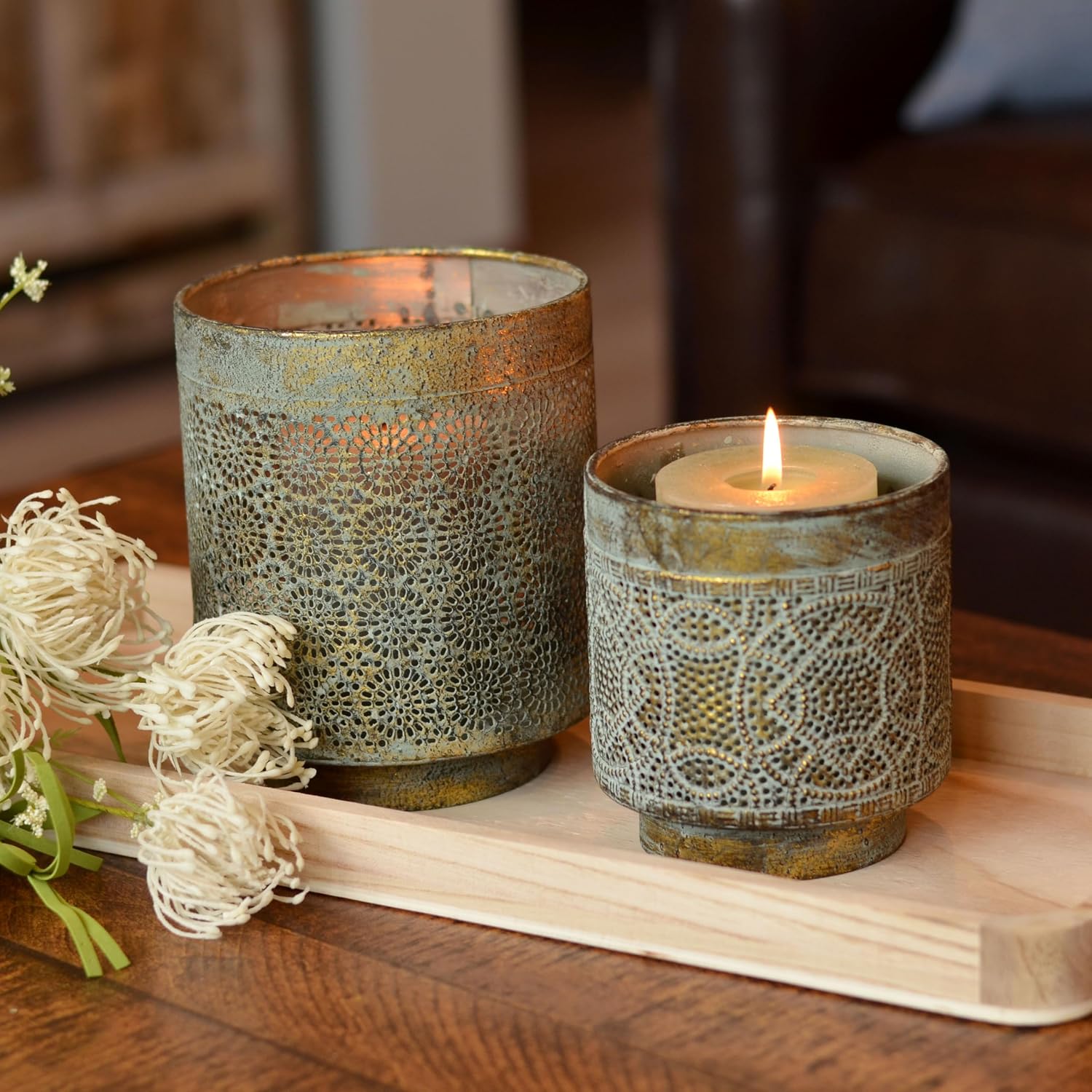 Moroccan Temple Lanterns, Set of 2, Lattice Work, Intricated Perforated Patterns, Grey Patina Over Antique Gold, Metal, 6.25 Inches and 5 Inches