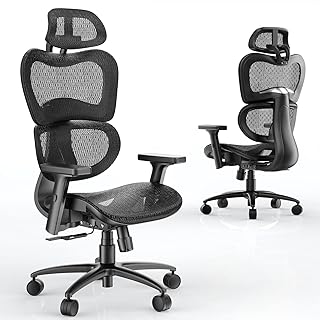 Mesh Ergonomic Office Chair Lumbar Support, High Back Mesh Computer Chair with Adjustable Headrest & 3D Armrest Tilt Lock for Adults, Ergonomic Chair with Wheels for Home Office (Black)