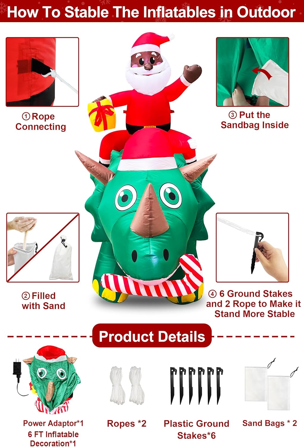 6FT by 5FT Christmas Inflatables Black Santa Riding Triceratops Dinosaur Inflatable Holding Gift Box Christmas Outdoor Decoration Built-in LED Lights, Blow Up Yard Decor for Garden Indoor Outdoor Use