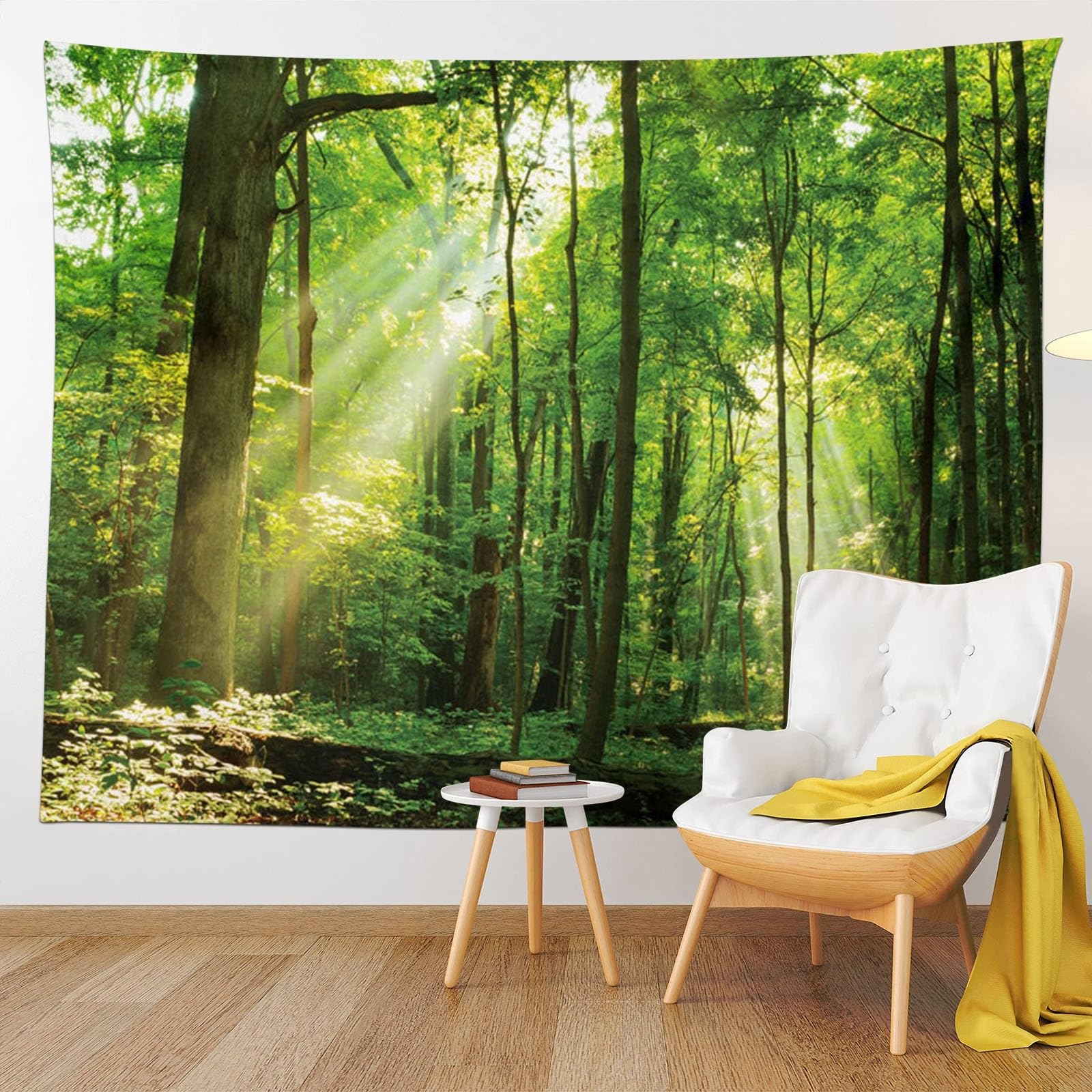 Skcess Dywan ścienny z motywem lasu, 200 x 200 cm, dekoracja ścienna, zielony, dywan ścienny, motyw drzewa, wschodu słońca, gobelin, dżungla, krajobraz, chusta na ścianę