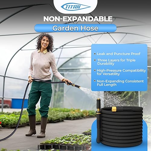 Miniatura 4 de TITAN Manguera de jardín  Manguera de agua híbrida flexible, ligera, sin torceduras y duradera con conectores de latón resistentes y boquilla de