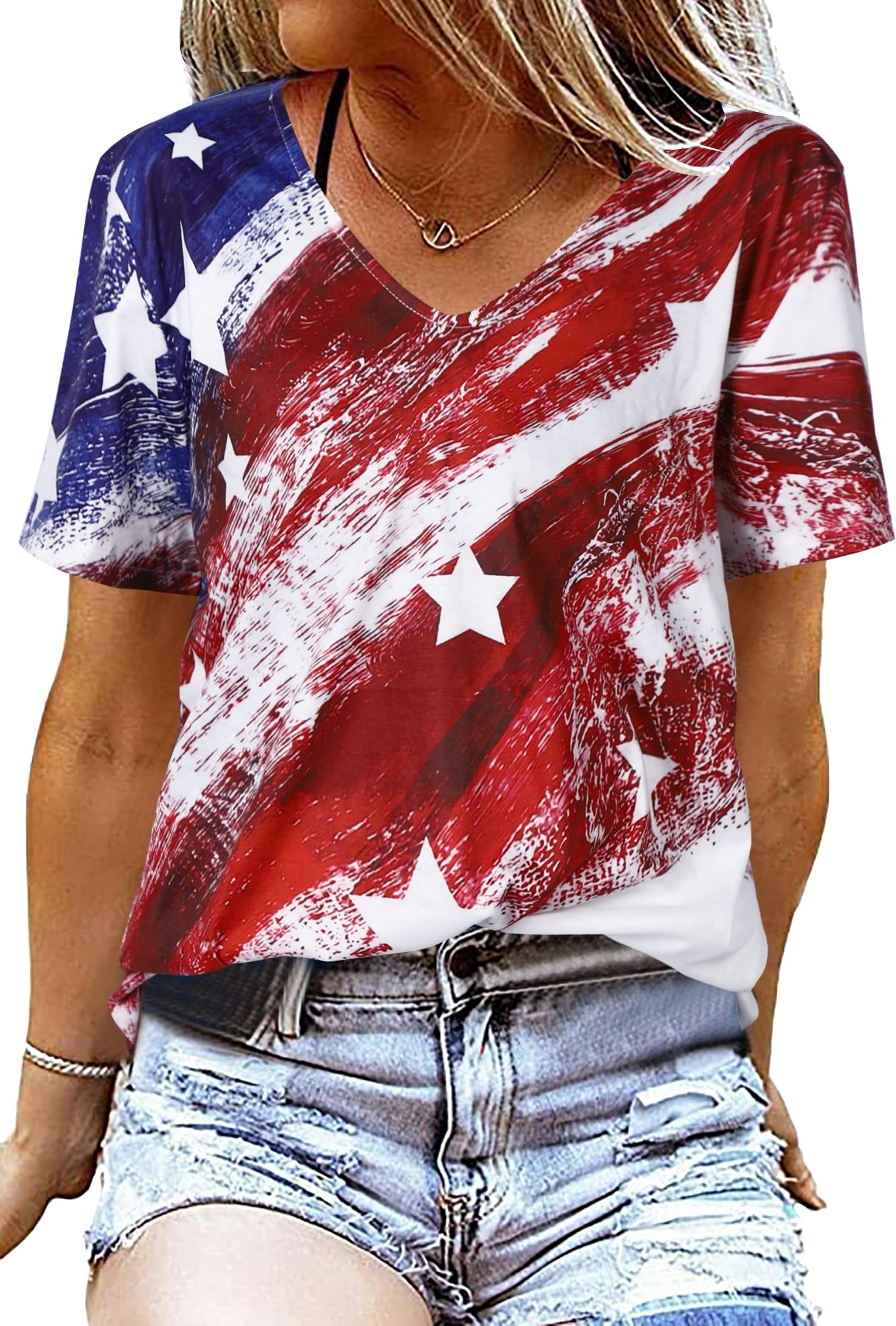 American Flag T Shirt Women USA Star Stripes Fourth July Tee Shirts Casual America Flag Print V Neck Tee Tops