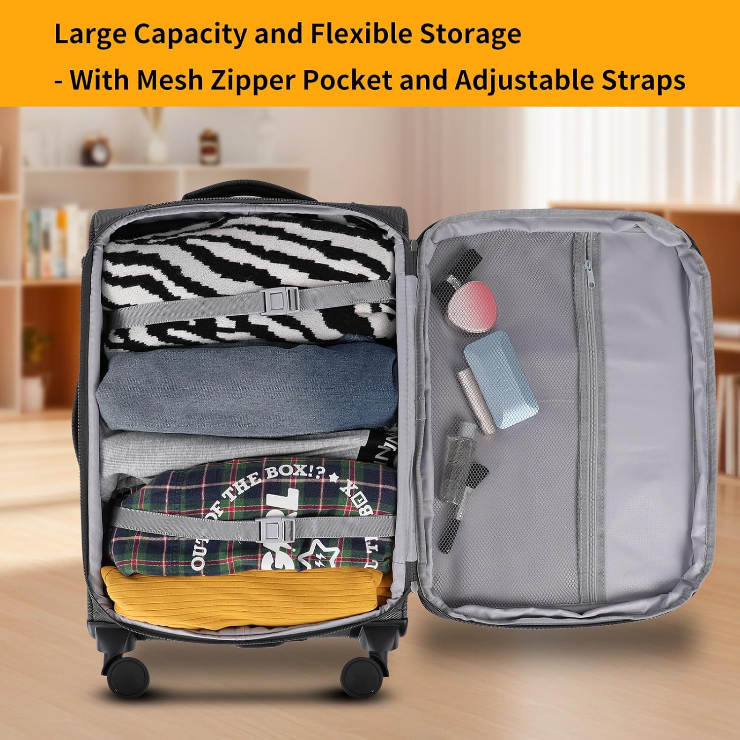 3-Piece Softside Expandable Luggage Set with Front Open Pocket, Lightweight and Durable Oxford Fabric Suitcase Set with TSA Lock (Gray, 20in/24in/28in) - Image 5