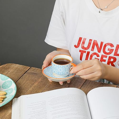 Miniatura 2 de Selamica Tazas de café expreso de cerámica con platillos, tazas apilables de capuchino de porcelana de 2.5 onzas con soporte de metal, tazas