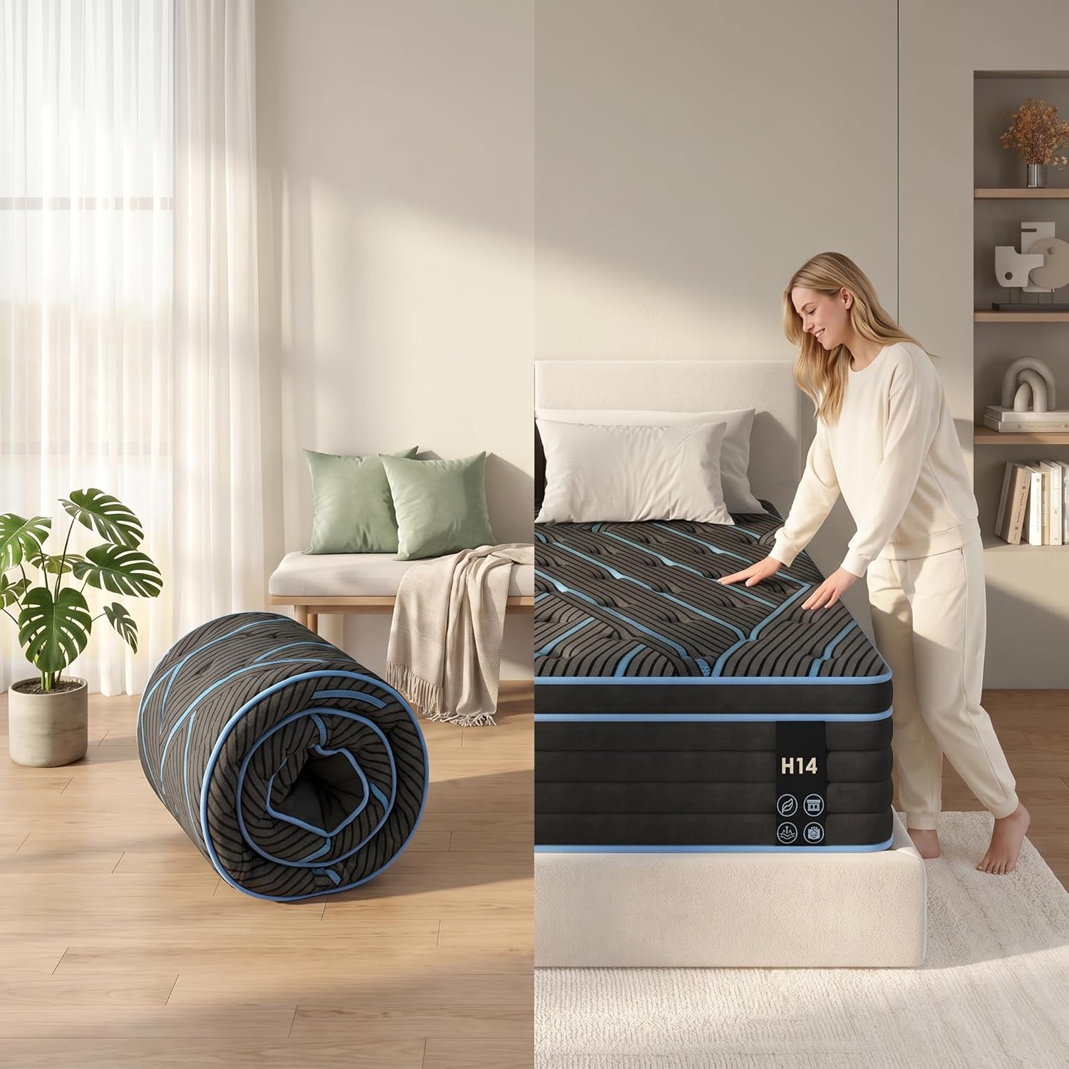 King Size 14 Inch Hybrid Mattress, Medium Firm Feel Mattress, Individually Pocketed Innerspring with Memory Foam, Breathable and Cooling (Blue+Black, 14 Inch King)