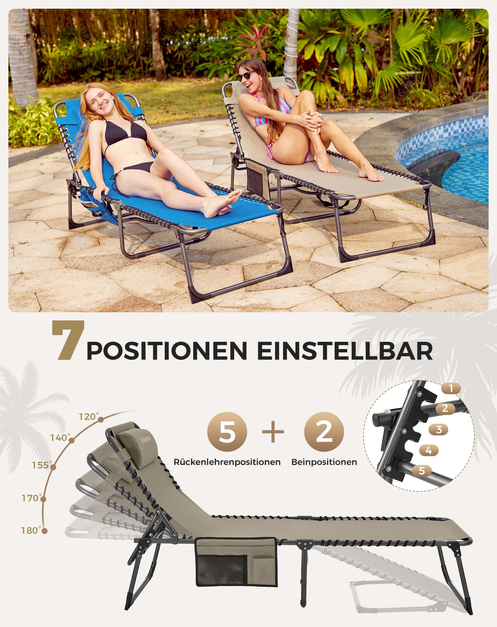 KingCamp Sonnenliege Klappbar 5-Verstellbarer Rückenlehne Gartenliege klappbar Liegestuhl Strandliege Campingliege Klappbett mit Kopfkissen für Strand Garten Terrasse Pool Camping Outdoor Indoor