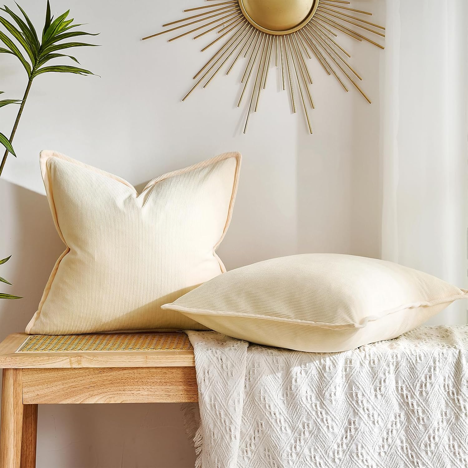 Cushion Covers Sofa 40 x 40 Corduroy Striped Beige Cushion Covers Modern Elegant Square Decorative Cushion Covers for Sofa Bed Living Room Bedroom Home Pack of 2