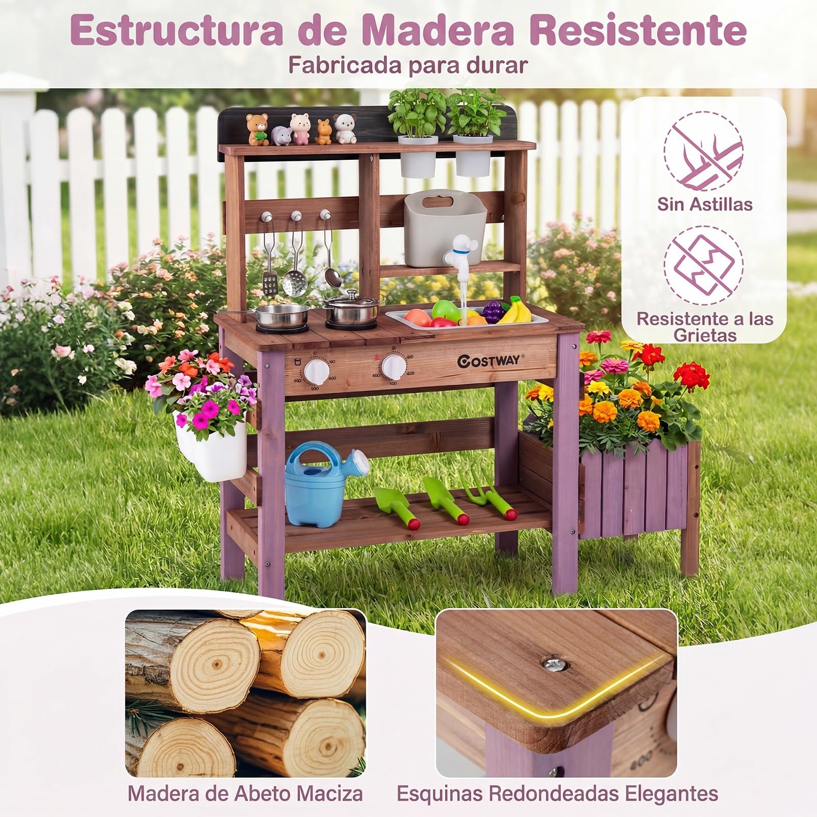 COSTWAY Cocina de Juguete para Niños, Juego de Cocina de Barro de Madera con Jardinera, Fogones, Fregadero Extraíble, Grifo, Depósito de Agua y Estantes, Cocinita Infantil de Exterior para 3+ Años