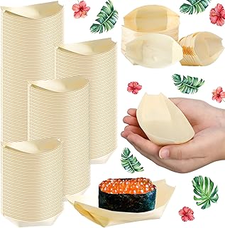 Newtay 500 Pcs Bamboo Boat Plates for Appetizer 5.5" Disposable Wooden Charcuterie Boat Leaf Small Sushi Serving Tray Food Dishes Container Bowl for Catering Home Hawaiian Wedding Party Supplies