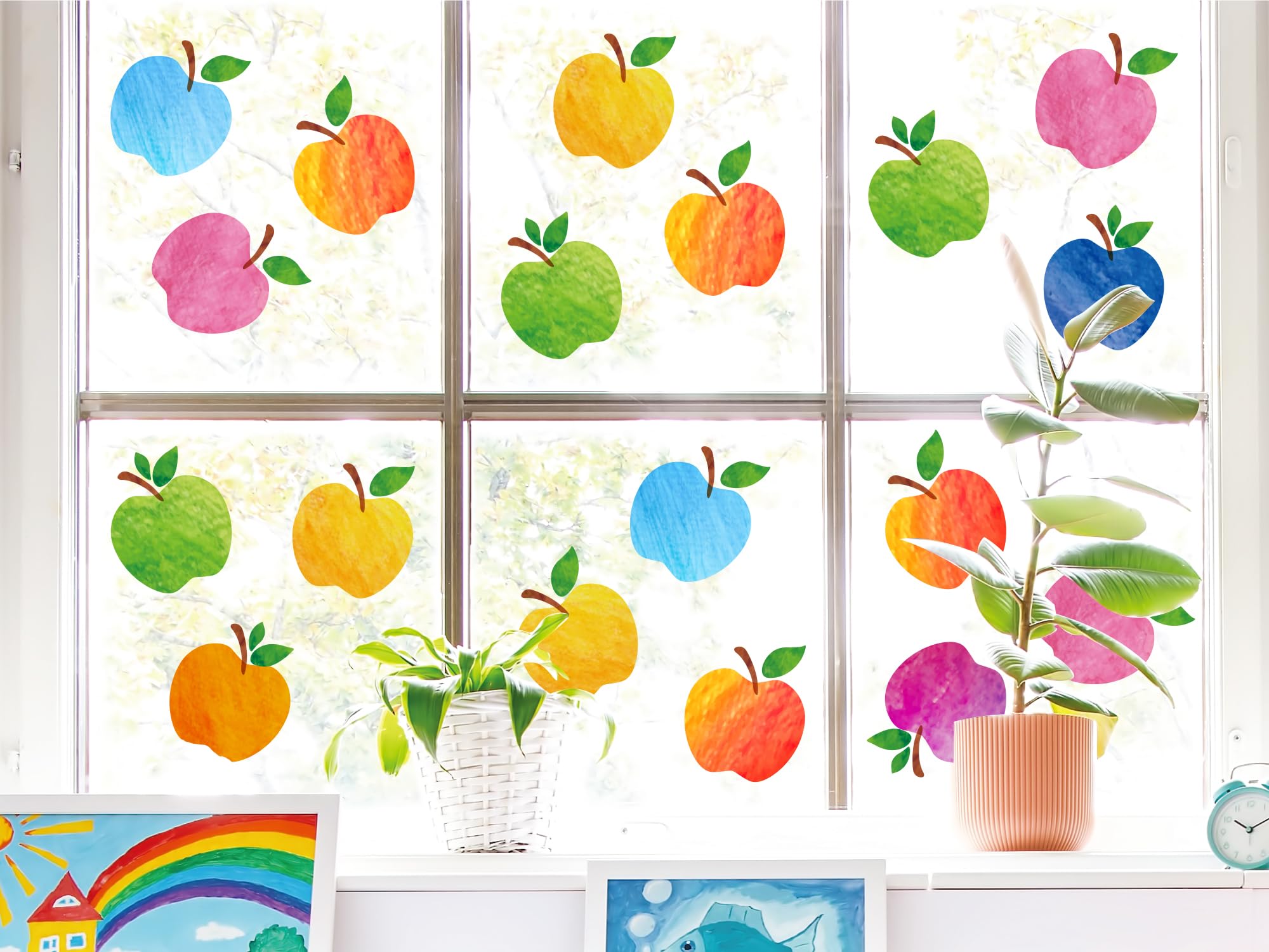 Whaline 9 Sheets Colorful Apples Window Clings Double-Sided Back to the School Window Stickers Watercolor Apples Reusable Windows Decals for Nursery School Classroom Home Glass Blackboard Decor