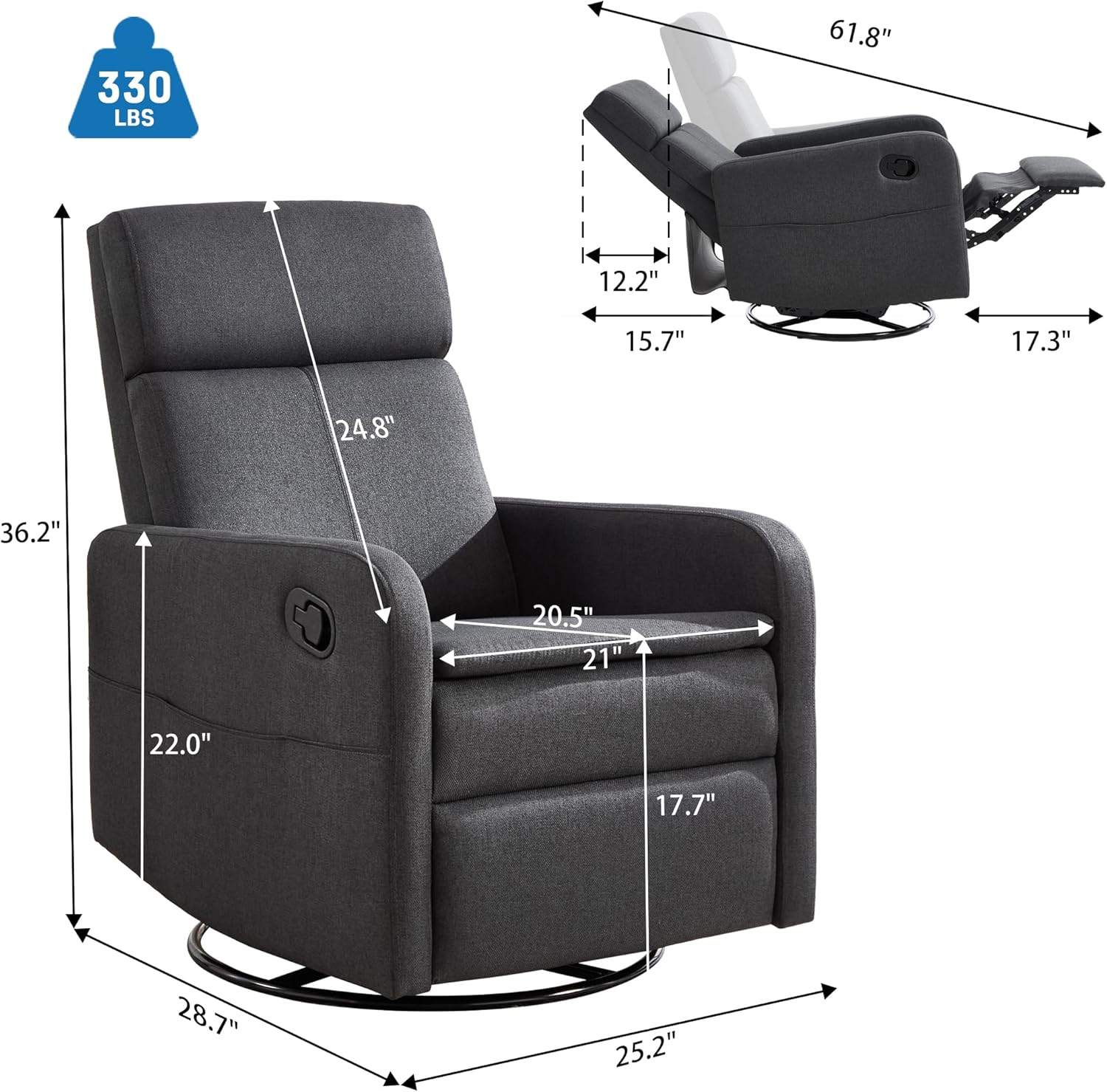 Swivel Rocking Recliner Chair for Adults, Upholstered Fabric Glider Recliner, Reclining Chair with Side Pockets and Double-Thick Cushion for Living Room Bedroom Nursery (Grey)