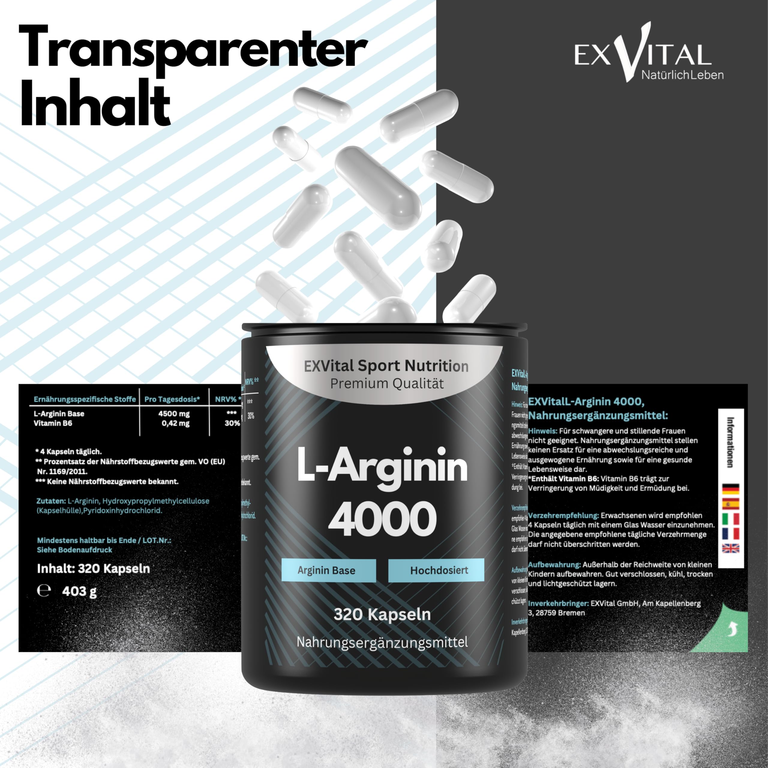 EXVital L-Arginin 4000 hochdosiert, 320 Kapseln in deutscher Premiumqualität, 2-3 Monatskur, semi-essentielle Aminosäuren. ApoTest: "Sehr gut"