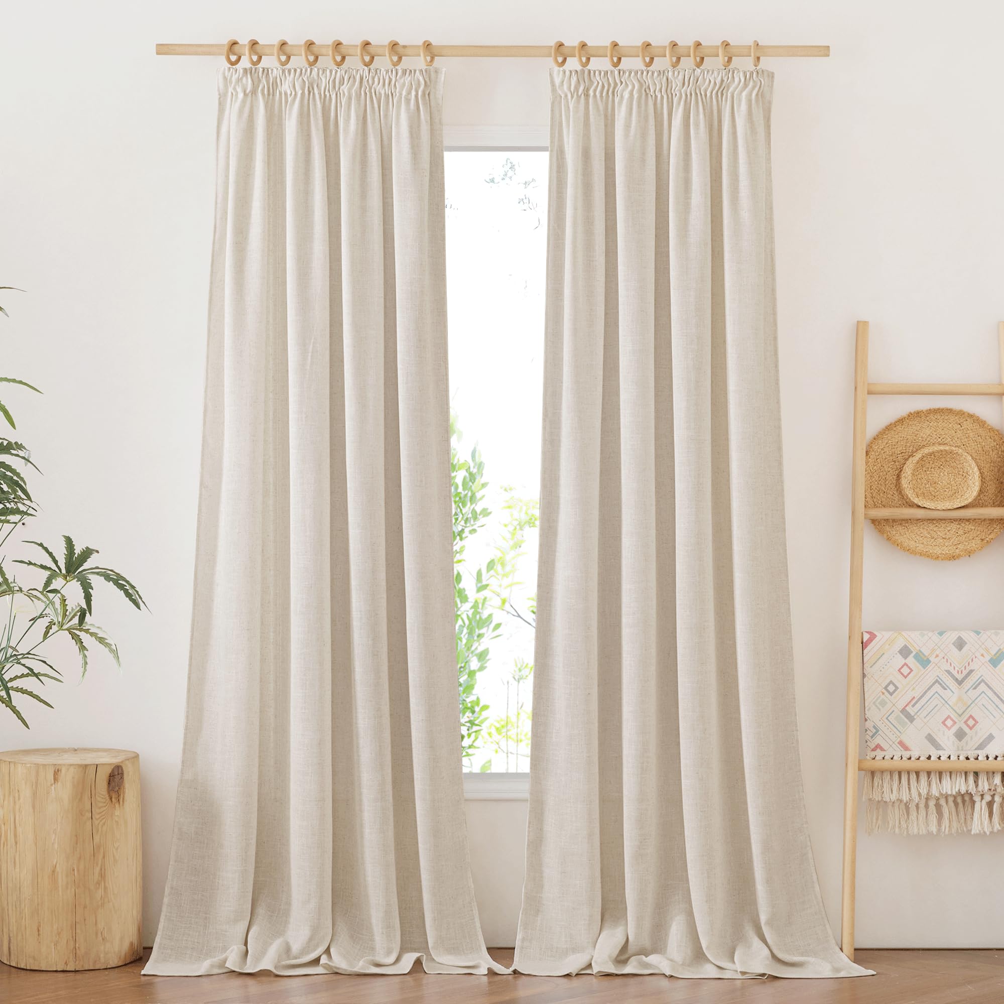 PONY DANCE Boho Gardinen Leinen Natur Wohnzimmer Vorhänge für Schienen 2er Set H 245 x B 140 cm Leinengardine mit Kräuselband Vorhang Leinenoptik Halbtransparent Linen Curtains Bedroom