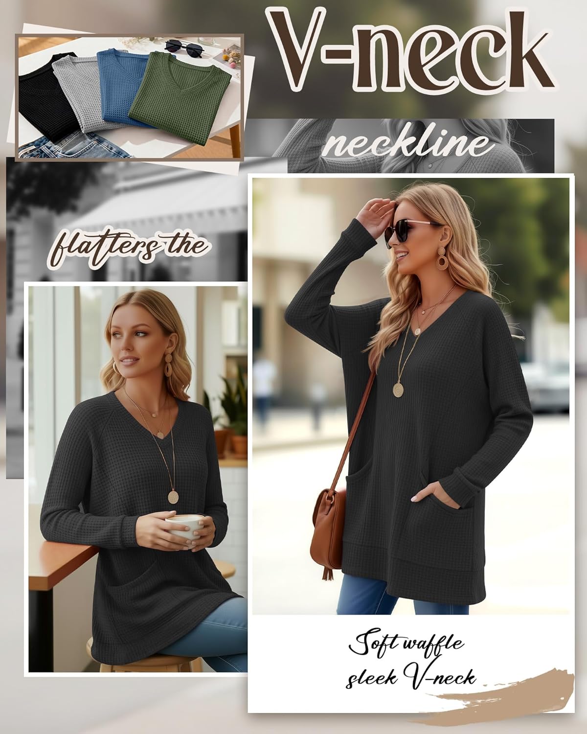 Women's Long Sleeve Shirts Waffle Knit Tunic Tops Oversized Sweatshirt Casual Blouses V Neck Pullover Sweaters - Image 3