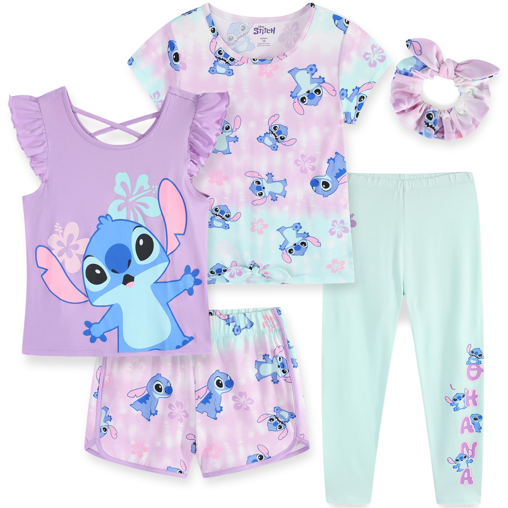 Disney Minnie Mouse Moana Little Mermaid Girls 5 Piece Set with 2 Tops, Leggings, Shorts &amp; Scrunchie for Toddlers &amp; Big Kids